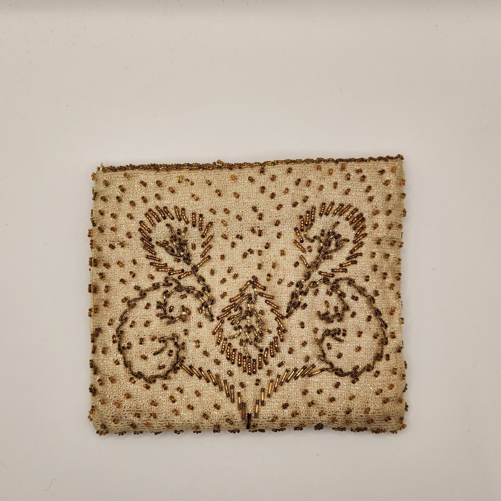 Vintage La Regale Gold Beaded Evening Clutch Purse Champagne Satin Bag Pouch